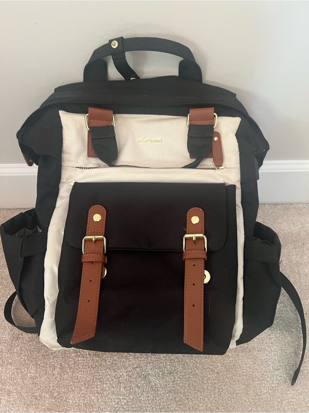 Lawanak Black & Cream Diaper Bag Backpack Brown Leather Accents